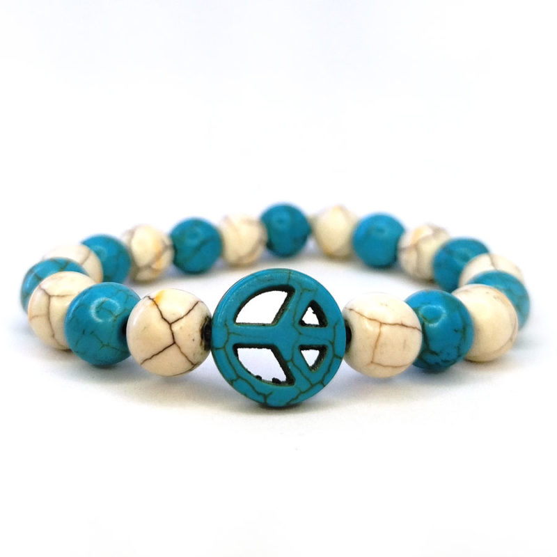 Pulseira Howlita Azul e Branca com Paz e Amor