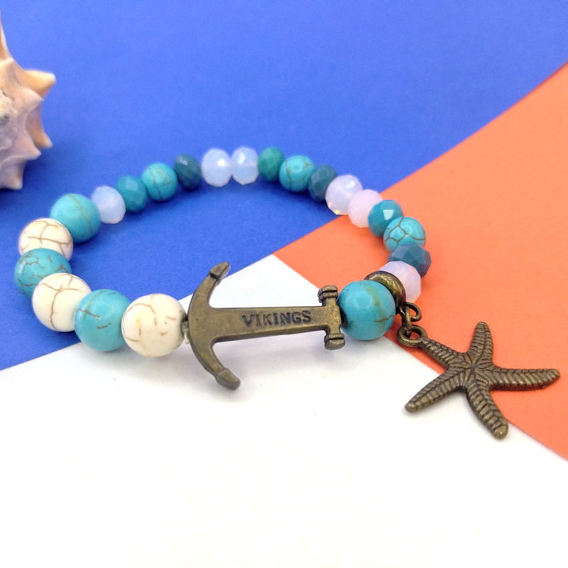 Pulseira de Âncora e Estrela do Mar com Howlitas e Cristais