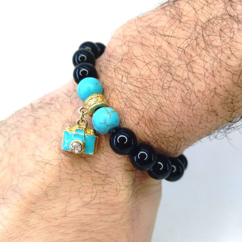 Pulseira de Pedra Onix com Howlita e Pingente de Câmera