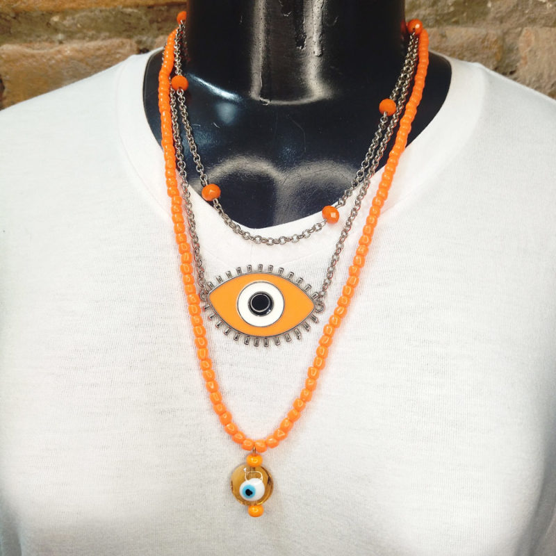 Colar com 3 Voltas Laranja com Olho Grego