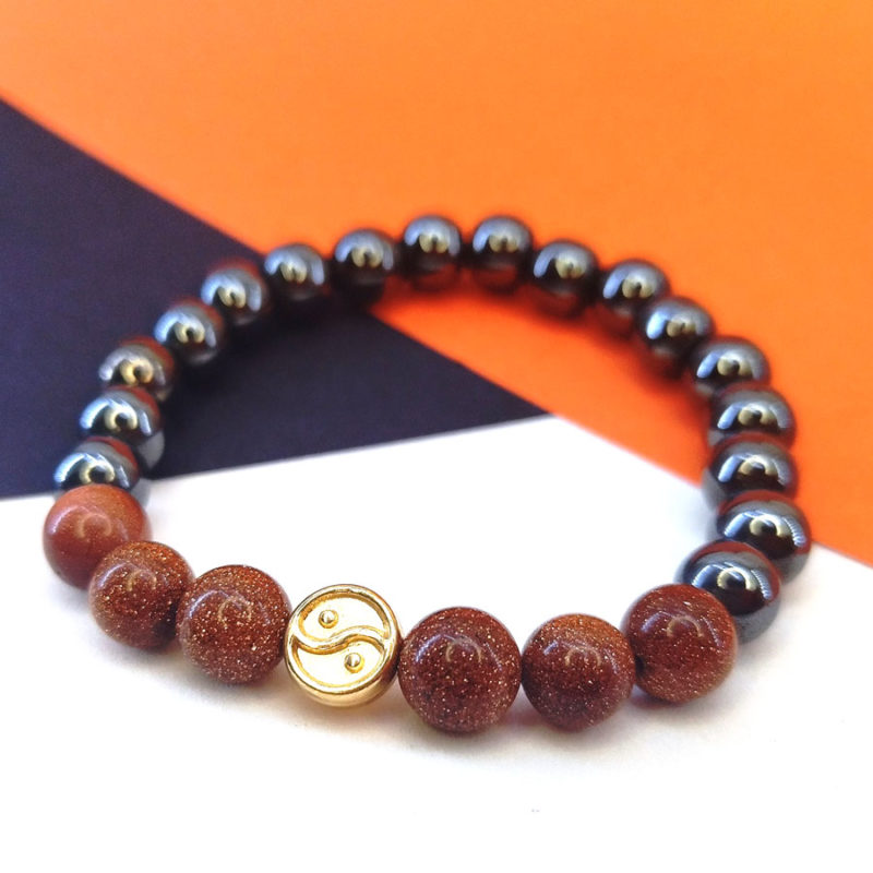 Pulseira de Hematita e Pedra do Sol com Yin Yang