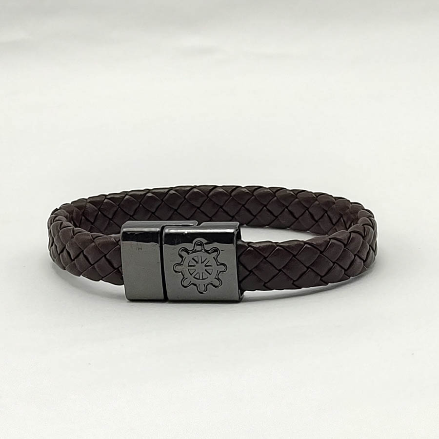 P257 - Pulseira de Couro Marrom com Leme (1) P257 - Pulseira de Couro Marrom com Leme