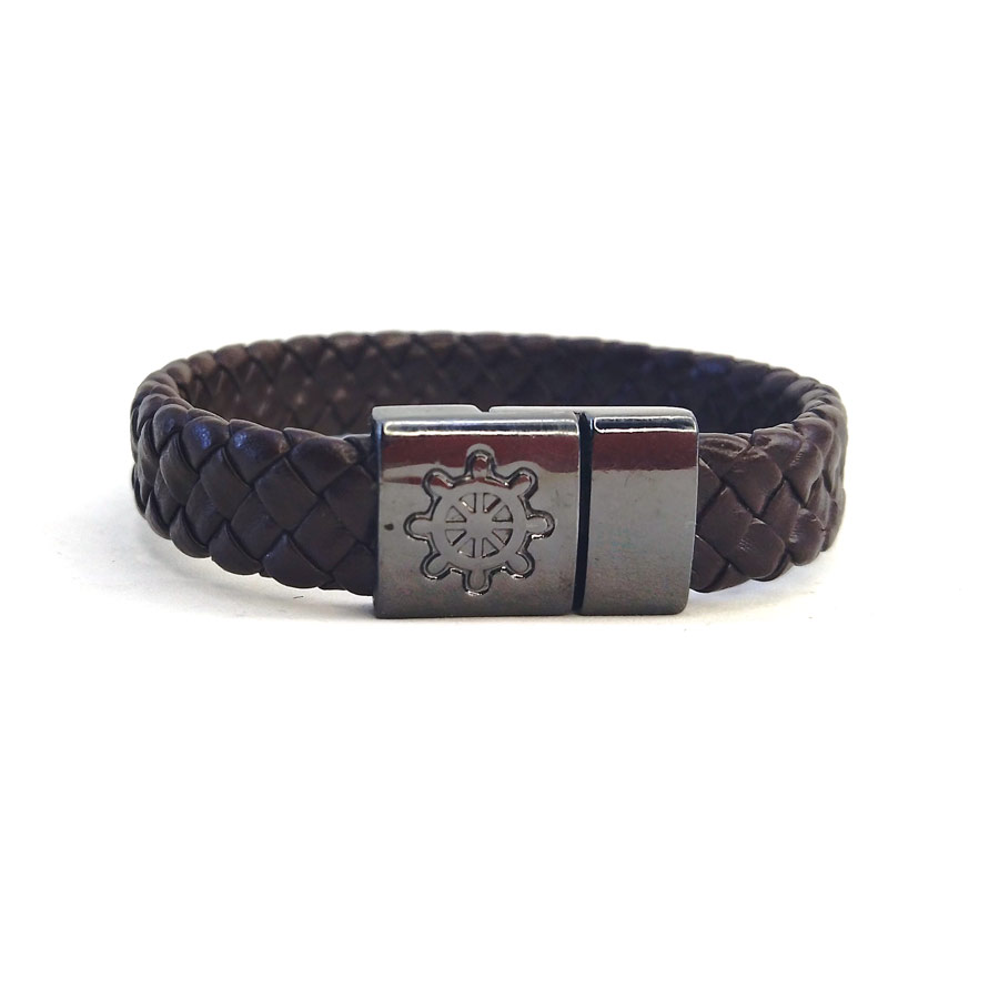P257 Pulseira de Couro Sintético Fecho Imã Leme Marrom (2) Pulseira de Couro Sintético Fecho Imã Leme Marrom