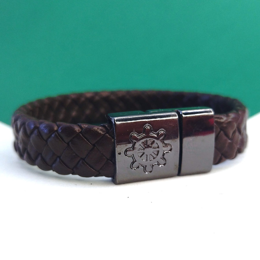 P257 Pulseira de Couro Sintético Fecho Imã Leme Marrom (5) Pulseira de Couro Sintético Fecho Imã Leme Marrom