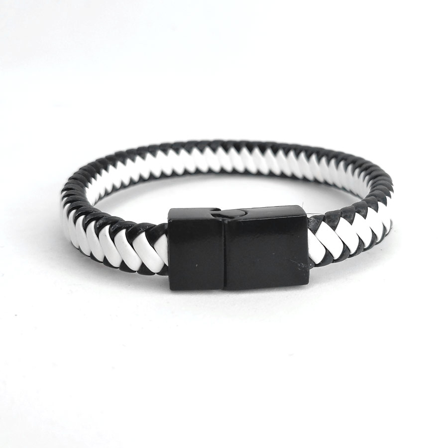 P259 Pulseira de Couro Sintético Fecho Imã - Preto e Branco (3) Pulseira de Couro Sintético Fecho Imã - Preto e Branco