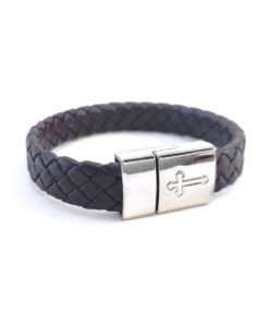Pulseira de Couro Sintético Fecho Imã Cruz - Marrom
