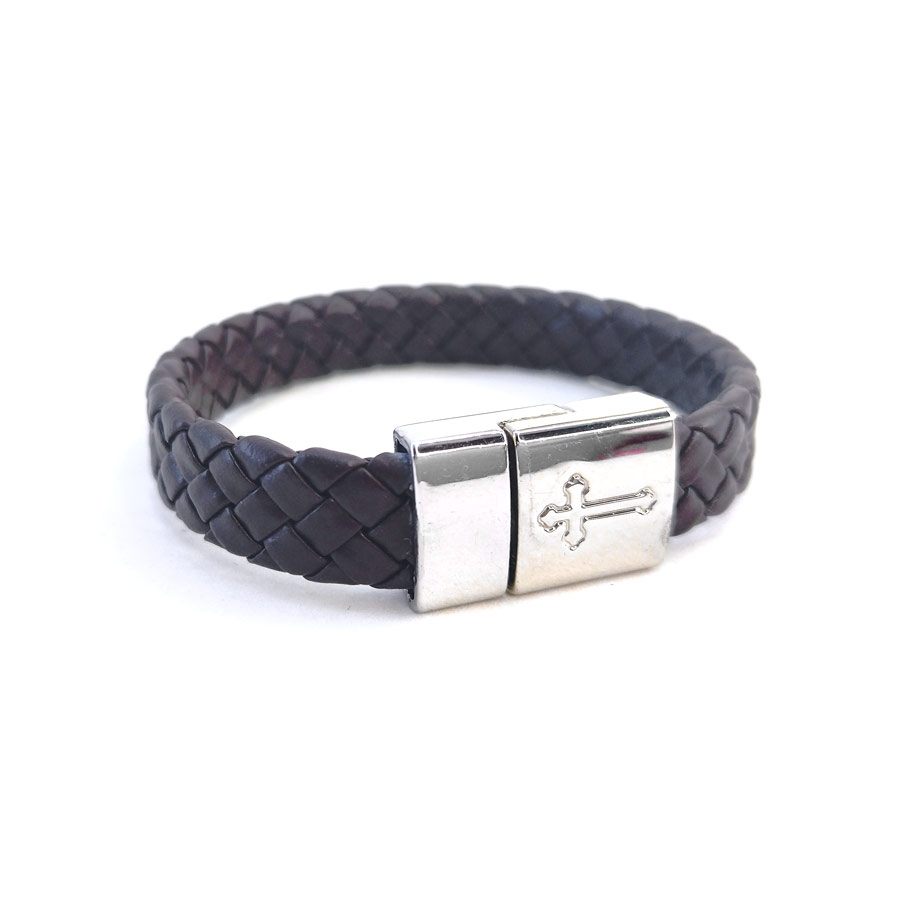 P260 Pulseira de Couro Sintético Fecho Imã Cruz - Marrom (2) Pulseira de Couro Sintético Fecho Imã Cruz - Marrom