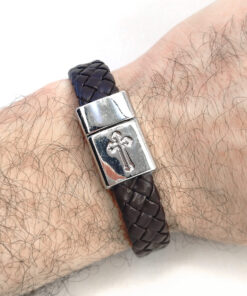 Pulseira de Couro Sintético Fecho Imã Cruz - Marrom