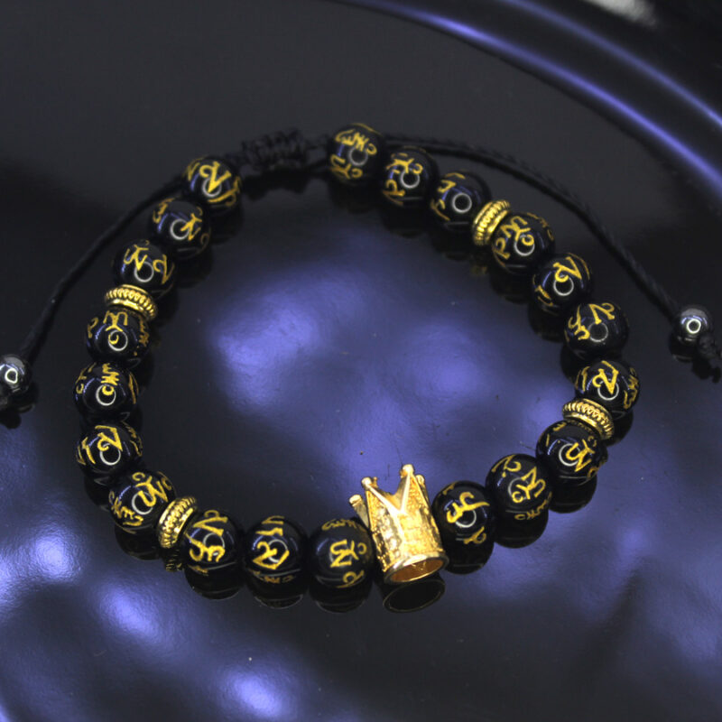 Pulseira Obsidiana Negra com Coroa Dourada