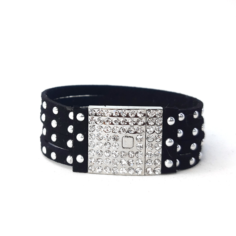 P308 Pulseira Preta com Fecho de Strass (Imã) (2) Pulseira Preta com Fecho de Strass (Imã)