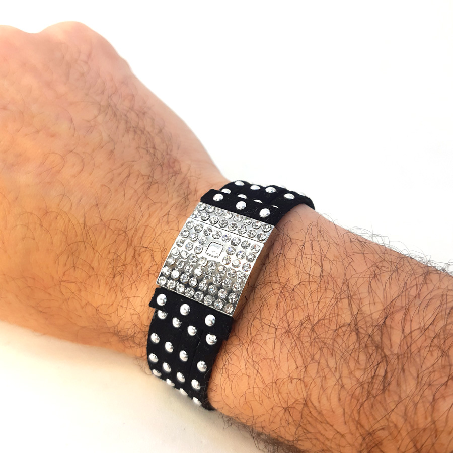P308 Pulseira Preta com Fecho de Strass (Imã) (5) Pulseira Preta com Fecho de Strass (Imã)