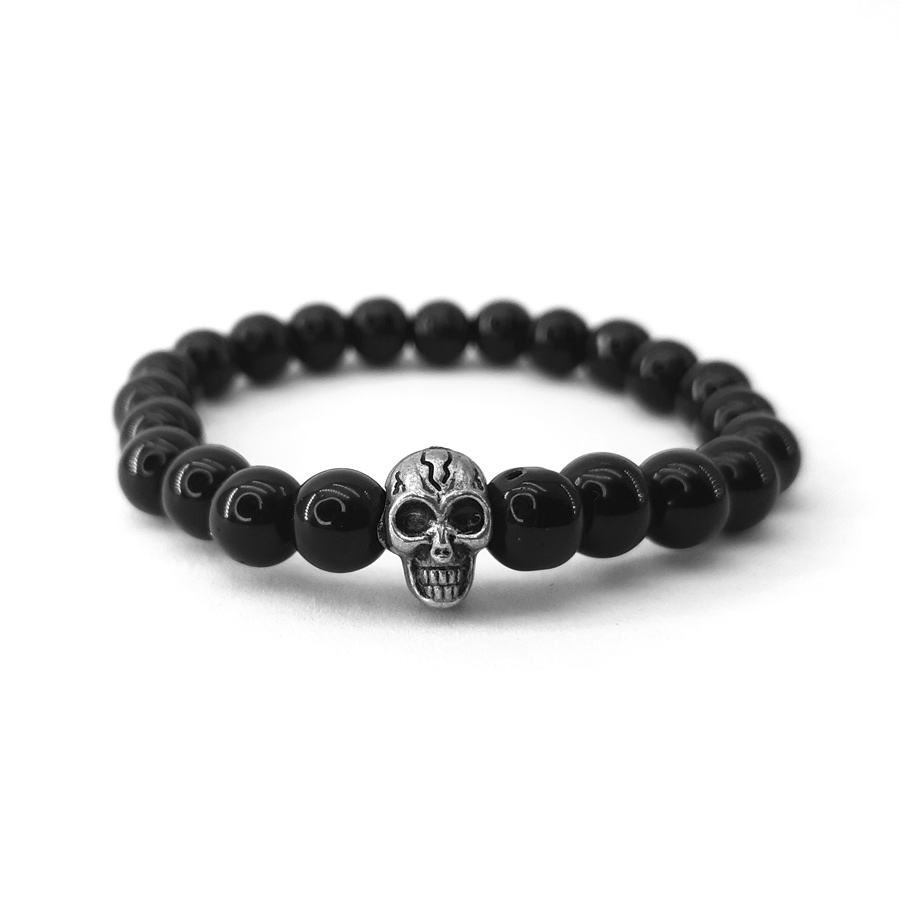 P316 - Pulseira Pérola Negra com Caveira Prateada (1) Pulseira de Pérola Negra com Caveira