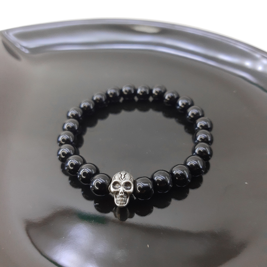 P316 - Pulseira Pérola Negra com Caveira Prateada (2) Pulseira de Pérola Negra com Caveira