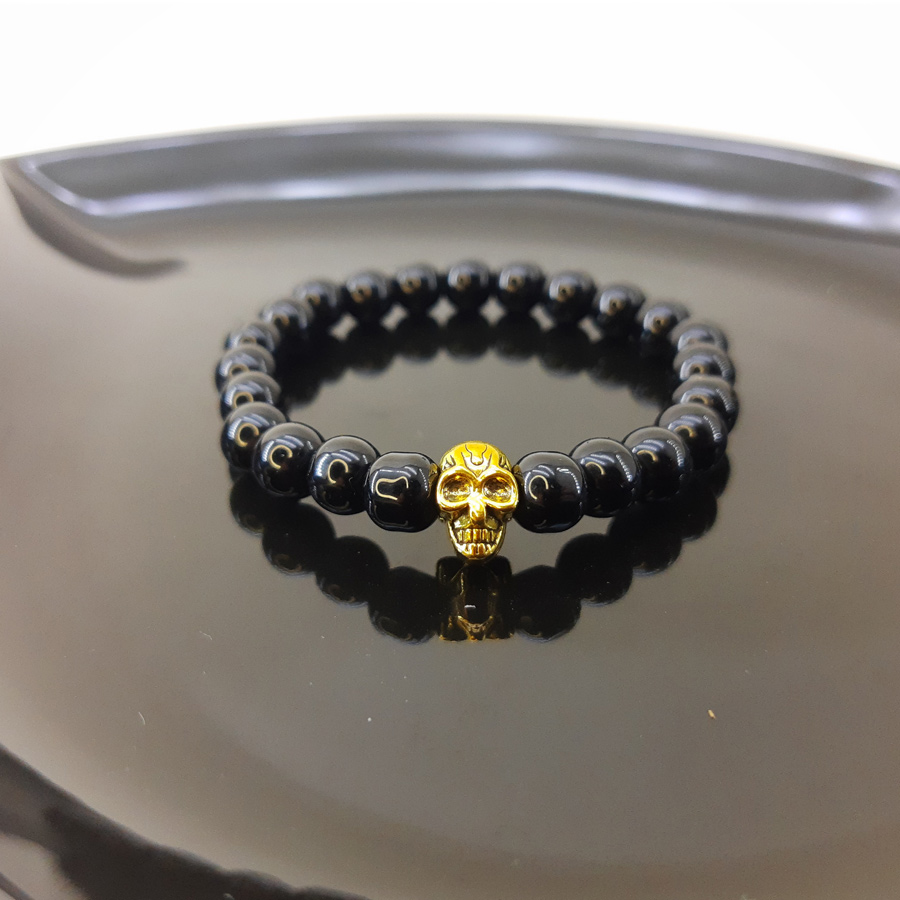 P317 - Pulseira Pérola Negra com Caveira Dourada (2) Pulseira de Pérola Negra com Caveira Dourada