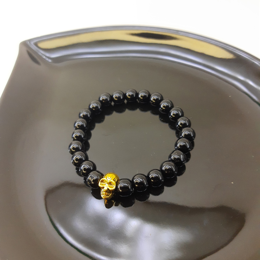 P317 - Pulseira Pérola Negra com Caveira Dourada (3) Pulseira de Pérola Negra com Caveira Dourada