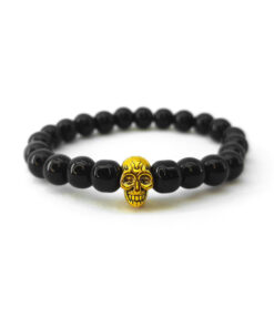 Pulseira de Pérola Negra com Caveira Dourada