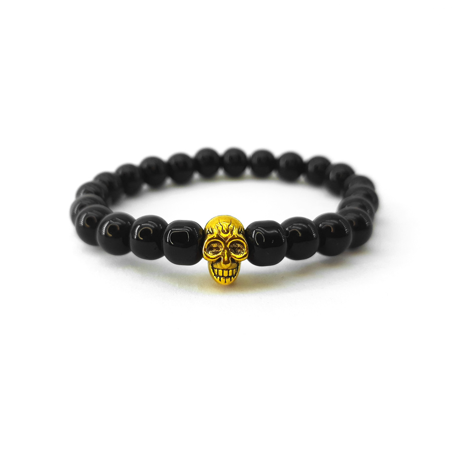 P317 - Pulseira Pérola Negra com Caveira Dourada (4) Pulseira de Pérola Negra com Caveira Dourada
