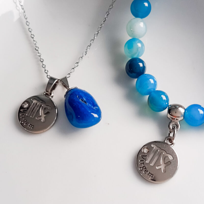 C182 - Colar de Signo Virgem com Pedra Ágata Azul