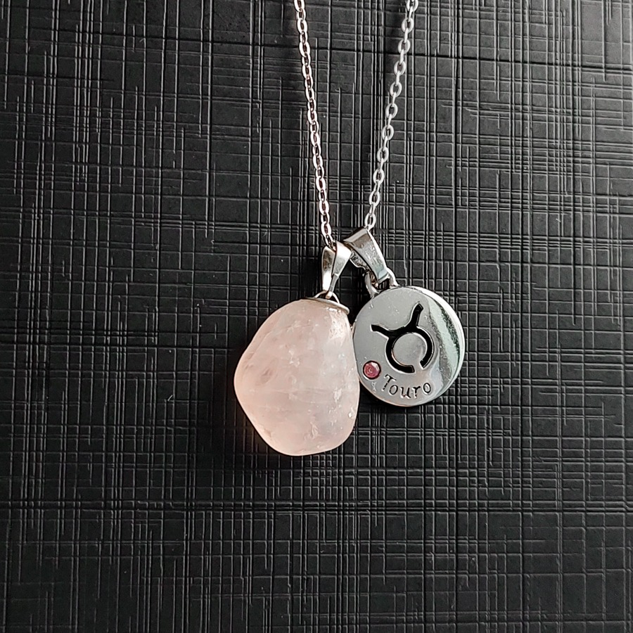 C184 - Colar de Signo Touro com Pedra Quartzo Rosa (1) C184 - Colar de Signo Touro com Pedra Quartzo Rosa