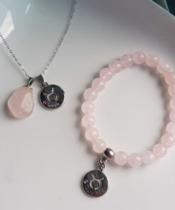 C184 - Colar de Signo Touro com Pedra Quartzo Rosa