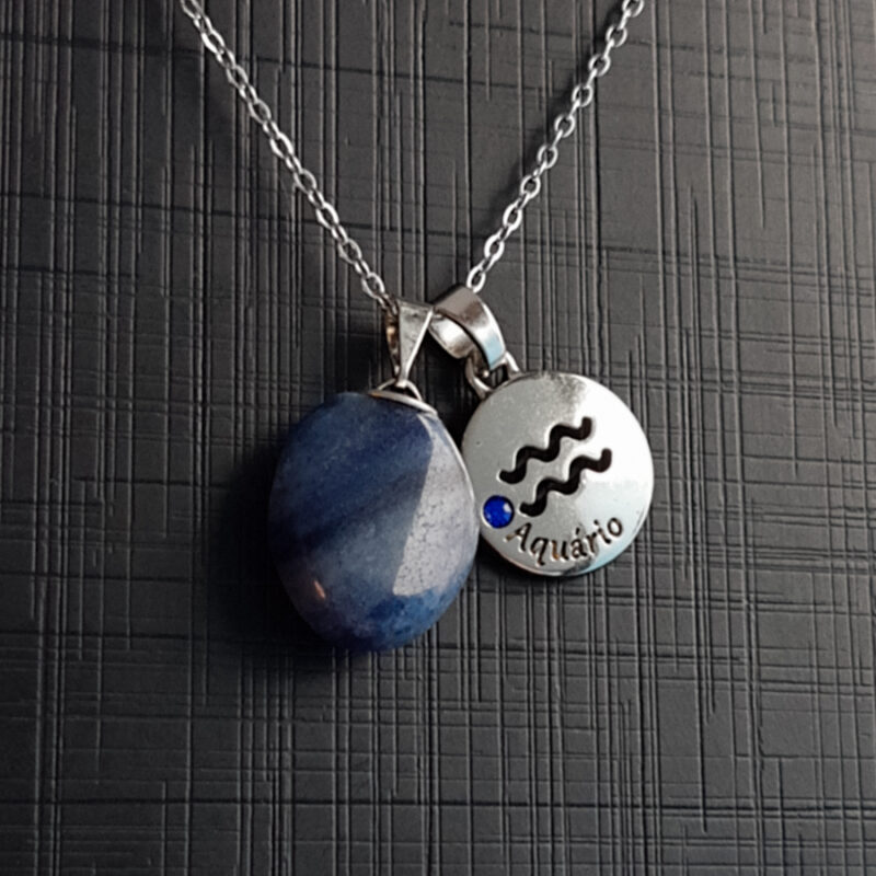 C189 - Colar de Signo Aquário com Pedra Quartzo Azul