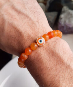 P370 - Pulseira de Pedra Jade Laranja com Olho Grego