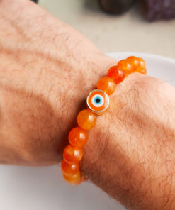 P370 - Pulseira de Pedra Jade Laranja com Olho Grego