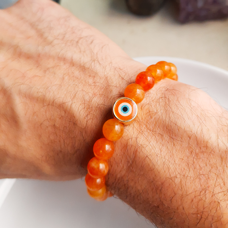P370 - Pulseira de Pedra Jade Laranja com Olho Grego (2) P370 - Pulseira de Pedra Jade Laranja com Olho Grego