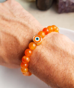 P370 - Pulseira de Pedra Jade Laranja com Olho Grego