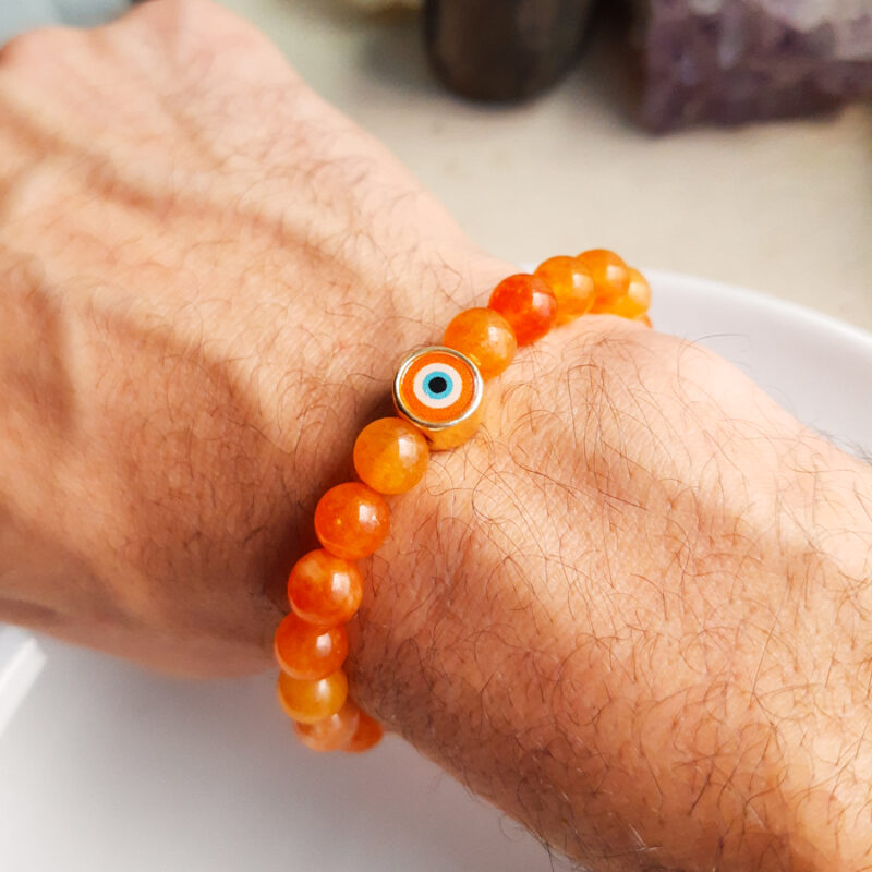 P370 - Pulseira de Pedra Jade Laranja com Olho Grego
