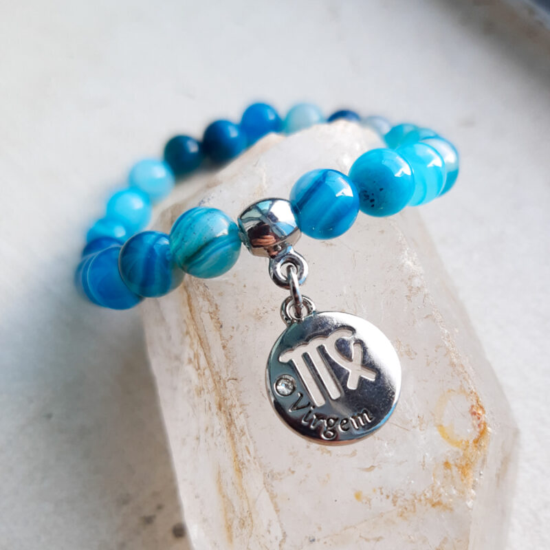 P377 - Pulseira do Signo Virgem Pedra Ágata Azul