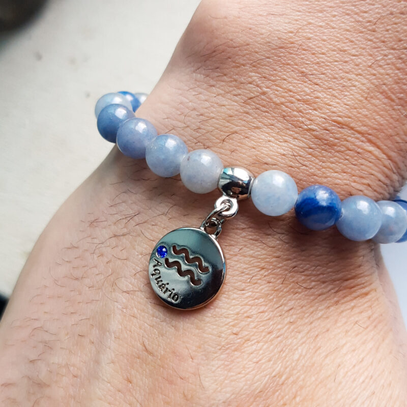 P383 - Pulseira Signo Aquário Pedra Quartzo Azul