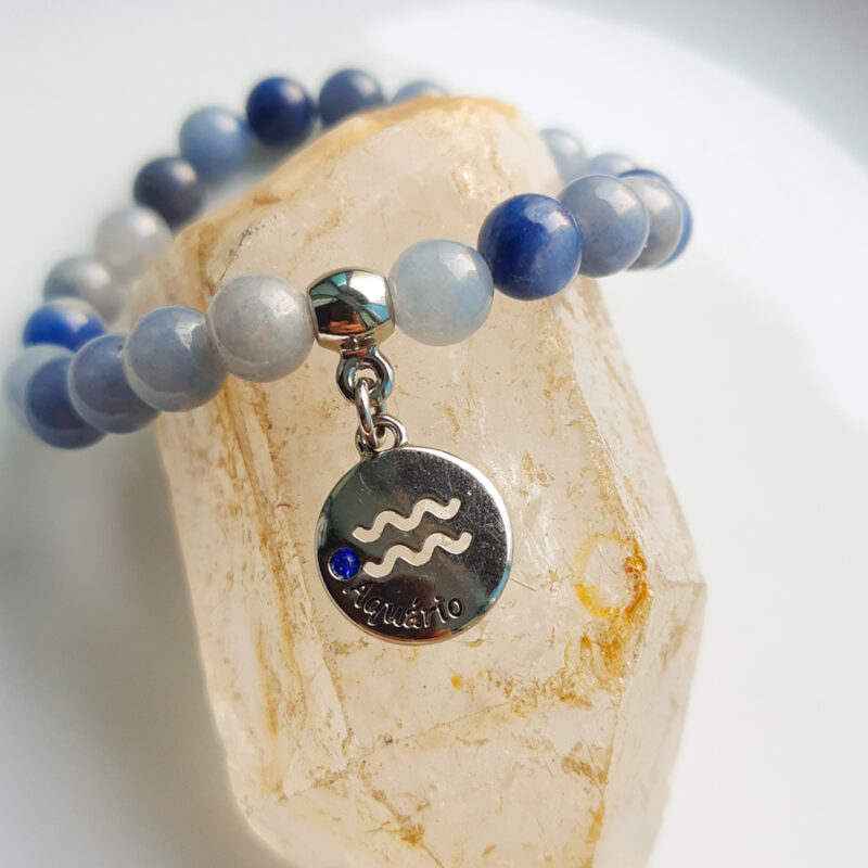P383 - Pulseira Signo Aquário Pedra Quartzo Azul