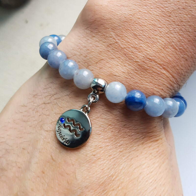 P383 - Pulseira Signo Aquário Pedra Quartzo Azul